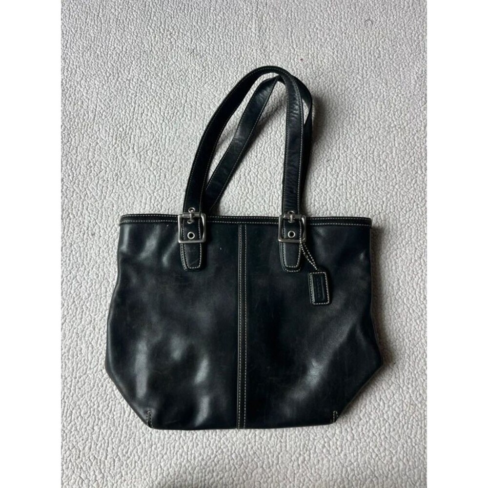 Coach Hamptons Black Leather Tote Bag Silver Hardware Buckles